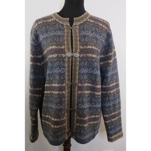 Vintage Caroll Reed Cardigan Sweater Winter Blue Brown Wool Ski Large L MINT - Picture 1 of 9